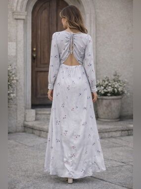 Avec Les Filles Light Gray Floral V-Neck Maxi Dress with Pink & Blue Accents